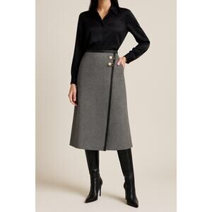 Gray Herringbone Midi‎ Skirt Faux Leather Trim Sze 12 Luxury Equestrian Academia
